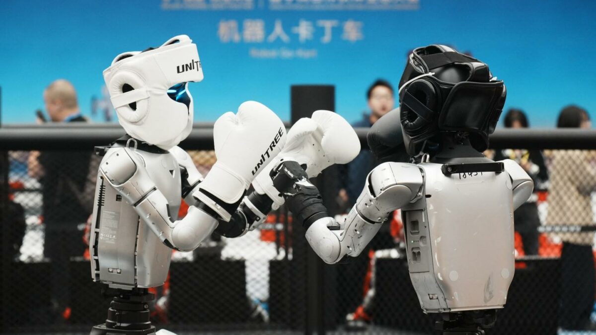 A Unitree G1 humanoid robot competes in robot combat at the 2026 World Physical AI Conference in Hangzhou, Zhejiang Province, China, on October 22, 2026.